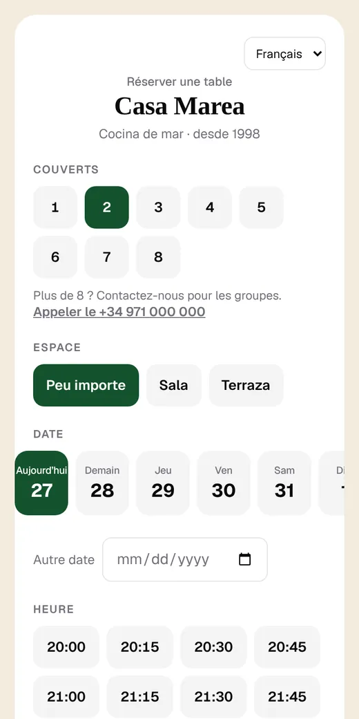 Page de réservation d’un restaurant d’exemple, sur un téléphone