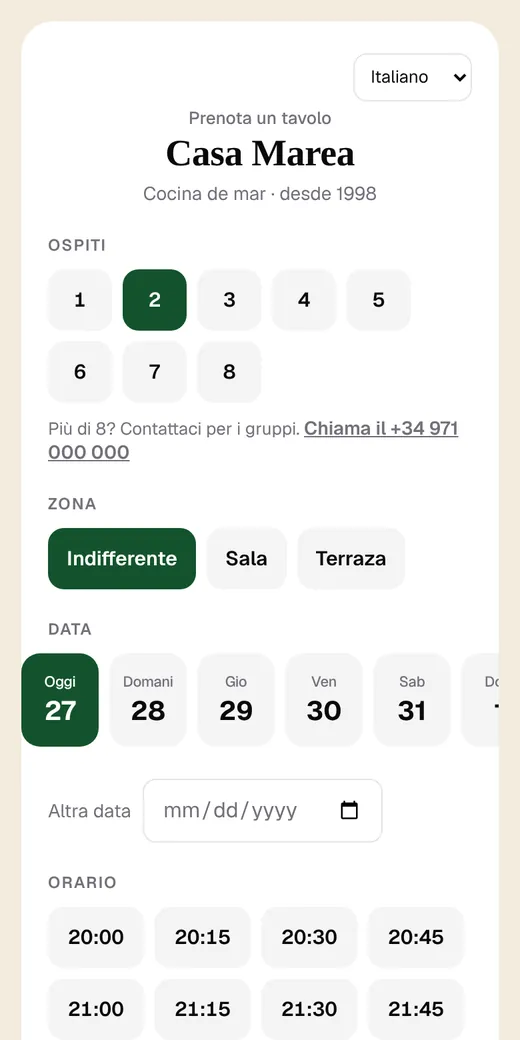 Pagina di prenotazione di un ristorante di esempio, sul telefono
